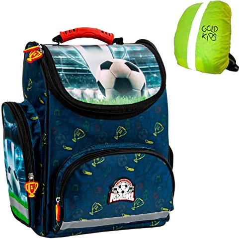 Goldkids Ranzen Schulranzen Tornister mit Football Fußball Motiv für Jungen Mädchen. Geeignet ab der 1. Klasse der Grundschule ink. Regenschutz