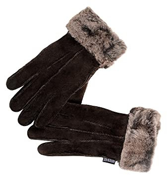 Nordvek Damen Handschuhe aus Lammfell, umklappbarer Bund, Veloursleder, Nr. 301 100, Schokobraun, M/L