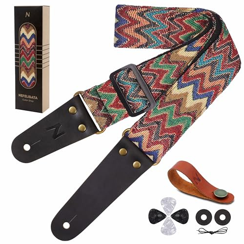 Nefelibata Gitarrengurt, Vintage Jacquard gewebte Baumwoll-Gitarrengurte mit Lederenden aus Rindsleder für Bass-, E- und Akustikgitarren, inkl. gratis Gurthalter, 2 Gurtverriegelungen und 4 Plektren