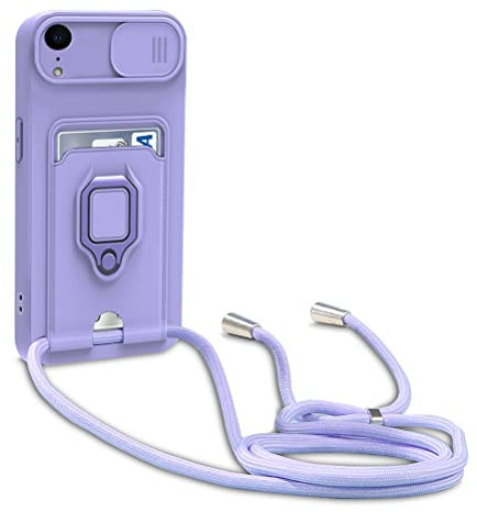 Dllatui Cover Compatibile con iPhone XR, Cover con Cordino Tracolla, Slidable Fotocamera Protezione Custodia,Supporto,Slot Schede, Silicone Case (Porpora)