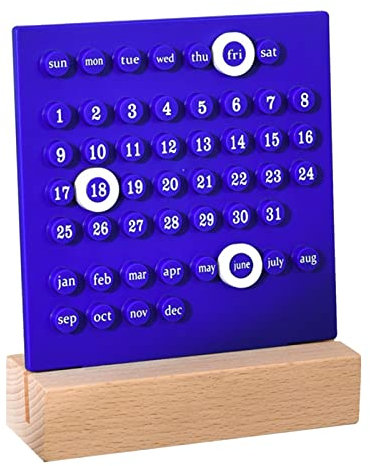 HERCHR Manuelle Einstellung Desktop Ewiger Kalender, Vintage Schreibtisch Ewiger Kalender, Holzbasis Desktop Kalender Ornamente DIY Ring Manuelle Zwinge Tagesplan Datumsplaner(Blau)