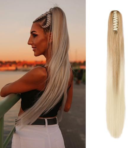 Dcbaboo Pferdeschwanz Haarteil Zopf Extension mit Klammer Glatt Lang Ponytail Extensions Haarverlängerung Clip Synthetik Gerade Pferdeschwanz Haarextension Zopf, 55cm Dunkelblond ombre Bleichblond