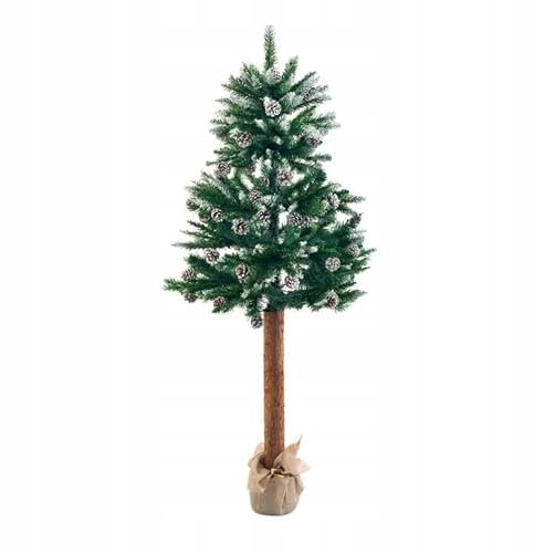 Weihnachtsbaum auf Naturstamm 160 cm künstlicher Christbaum Grün mit Schnee Effekt Tannenbaum aus PVC Weihnachtsdeko inkl. Ständer und Jutestoff