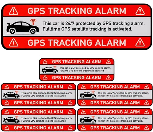 Aufkleber Set CAR GPS TRACKING ALARM!, 6 Stück, 67 x 21 mm, selbstklebende Folie, außenklebend, Auto Warnhinweis Sticker Innen- und Außenbereich, Diebstahlschutz KFZ, Klebesticker alarmgesichert PKW