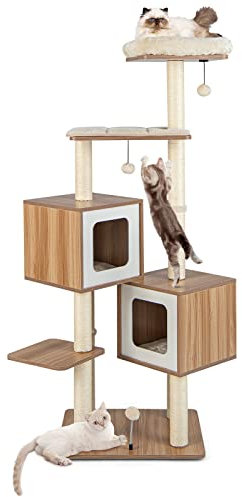 SOARS Kratzbaum groß 163 cm hoch, Katzenbaum mit 10 Kratzsäulen & 2 Höhlen, Kletterbaum mit 3 Plüschbällen, Stabiler Katzenkratzbaum mehrstöckig