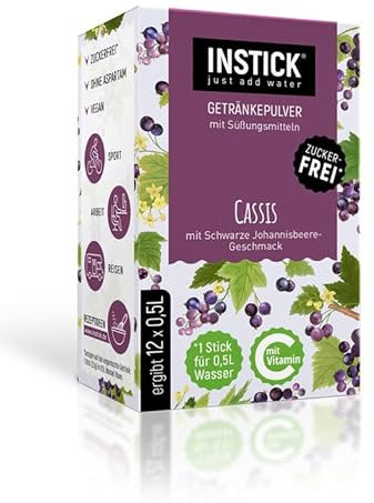 INSTICK (SABOR GROSELLA NEGRA) Bebida En Polvo Para Refrescos, Postres y Bebidas Calientes, Cero Azúcar, Cero Calorías, Aptos Diabéticos. Ideal Agua, leche, Postres (Para 0,5-1 litro de bebida)