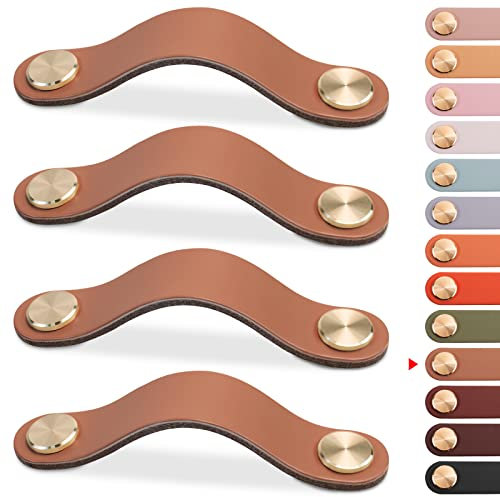 LEREATI Leather Drawer Handles & Knobs - 4pcs Kitchen Cupboard Handles & Pulls, Door Knobs for Cupboards, Wardrobe, Dresser, Closet (Light Coffee, 160mm Hole Center)