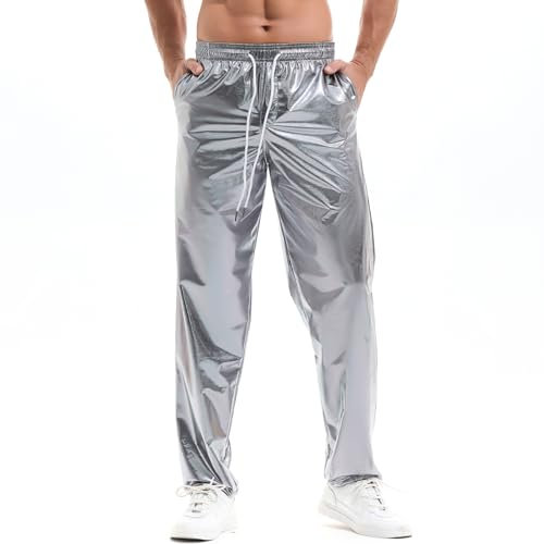 Amy Coulee Herren Glänzend Metallic Hosen Nachtclub Disco Hose (Silber, M)