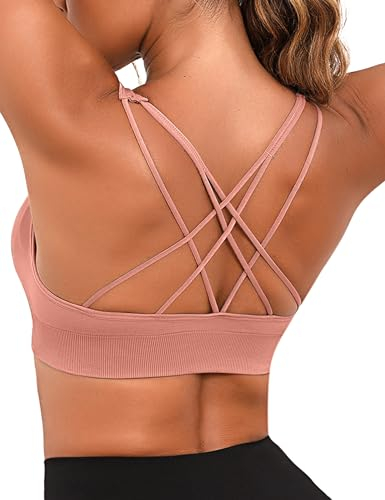 Aseniza Jezonga Sport BH Damen Bustier Gepolstert Crossback Push up Fitness Sport Bra Ohne Bügel für Joggen Gym Yoga Spaghettiträger Top mit Abnehmbaren Cups Rosa,L