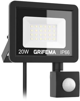 GRIFEMA 20W LED Strahler Mit Bewegungsmelder, 2200LM, 6500K Kaltweiß, IP66 Wasserdicht, 180° Verstellbare Halterung Für Garten, Garage, Hof & Außenbeleuchtung, Schwarz