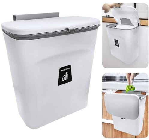 Abaigeal Hanging Trash Can with Lid, 9L Kitchen Bin with Sliding Lid, White Plastic Cupboard Bins for Cupboard, Kitchen, Motorhome,Bathroom, Toilet, Bedroom, Living Room, Office