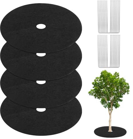 M METERXITY 4-Pack Non-Woven Tree Mulch Ring, 24.4 Inch Reusable Tree Protector Mat W 16 Garden Stakes for Landscape Control Plant Root Protection Tree Ring Weed Fabric Cover [Black]