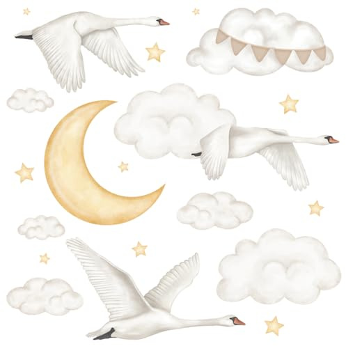 Wally Fox - Wandsticker Kinderzimmer - Wandtattoo Babyzimmer - Ungiftig, sicher, leistungsstark - Set - Fliegende Schwäne, Sterne, Wolken, Mond - Weiß, Beige, Gelb - 62,5x160cm