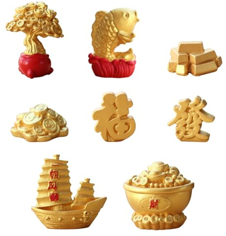 LUVDECO 8 Pcs Spring Festival Miniature Wealth Resin Ornaments Mini Chinese New Year Luck Money Tree Statues Chinese Gold Ingot Feng Shui Ornaments for Home Office Car Table Decoration Gifts