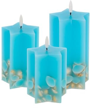LED Universum - LED Kerze Shelly Star blau mit eingearbeiteten Muscheln maritimer mediterraner Style sternförmig mit 5h Timer für 2 AA Batterien pro Kerze (nicht enthalten) Bad Deko (blau, 3er Set)