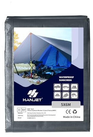 Hanjet Bâche imperméable - 260 g/m² - Robuste - Gris - En polyéthylène épais - Pour toit de tente et protection pour camping, piscine, bois, voiture, bateau (5 x 6 m)
