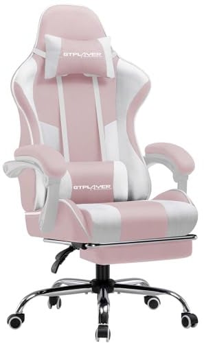 GTPLAYER Gaming Stuhl Stoff, Bürostuhl Massage Gaming Sessel Ergonomischer Gamer Stuhl mit Fußstütze, Kopfstütze Massage-Lendenkissen, Gepolstert Gaming Chair, Drehsessel, rosa