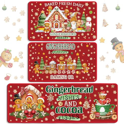 Drydiet 3 Pcs Christmas Kitchen Rugs and Mats Set Xmas Farmhouse Non Slip Runner Rug Gingerbread Man Snowflakes Cane Candy Floor Mat for Christmas Winter Kitchen Bathroom Hallway Door Home Decorations