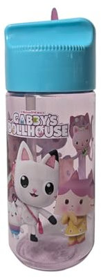 My sweety pop - Botella de plástico para niños con pajita Gabby's Dollhouse - 17 cm - Botella transparente para escuela, deporte, salidas - Cierre seguro - Transparente - Rosa/Azul