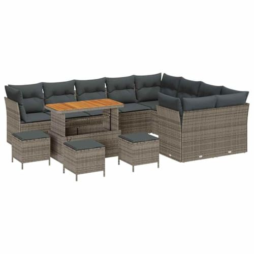 vidaXL 13-teiliges Gartensofa-Set mit bequemen Kissen in Grau aus Rattan für 8 Personen – Stylisches, abnehmbares Sofa für die Terrasse, den Balkon oder einfach zum Chillen