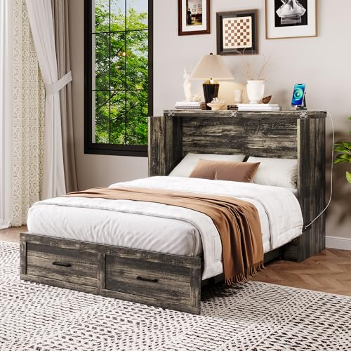 VilroCaz Modern Full Size Murphy Bed with Large Storage Drawer, Wood Murphy Chest Cube Cabinet Bed, Foldable Platform Bed with Charging Station for Guest Room, Small Bedroom (Gray-6.6, Full)