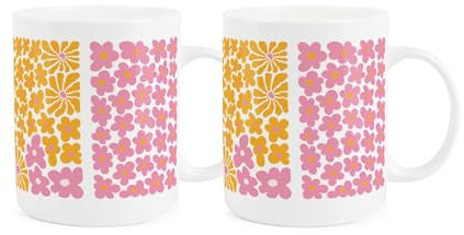 Purely Home Retro Daisies Mugs Set of 2 - Pink & Orange Pop Art Flowers - Tea/Coffee Bone China Cups Gift