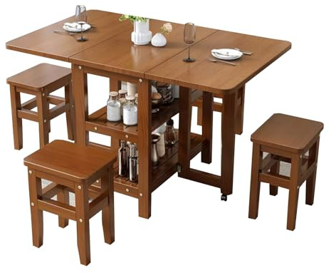 JSFYJZYZ Klappbarer Esstisch mit Stauraum und 4 Hockern,ausziehbarer Tisch, Küchentisch Klappbar für 4 Personen für Kleine Räume(Brown)