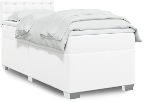 Qnhdfrt Boxspringbett Weiß 100x200 cm mit LED Beleuchtung und Taschenfederkernmatratze Kunstleder Bettgestell für Schlafzimmer Gästebett und Jugendzimmer
