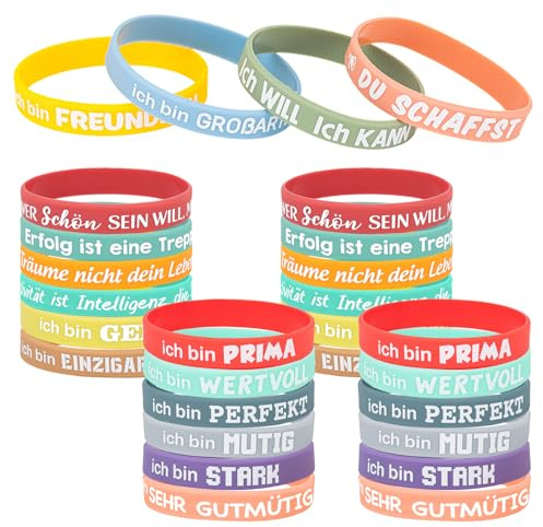 24 Stück Macaron Motivationsarmbänder Kinder, Silikon Armbänder Kinder mit Positiven Sprüchen, Ideal als Einschulung Geschenk, Mutmacher Geschenk & Schultüte Füllung für Teenager Schulkinder​