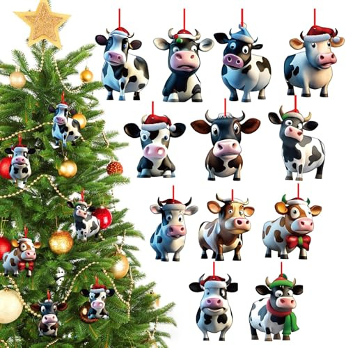 TAXTYHRE 12 Stück Holz Weihnachten Anhänger, Weihnachtsanhänger Kuh, Niedliche Kuh Anhänger mit Schnur, Weihnachtsdeko Innen und Draußen, für Weihnachten Kränze Kamine Fenster Dekorationen