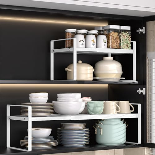Expandable Cabinet Shelf, Kitchen Cupboard Shelf Organiser (White) | Cabinet Storage Shelves Stand Spice Rack, Space Saver Plate Organiser, Kitchen Storage Rack Shelves for Countertop Pantry