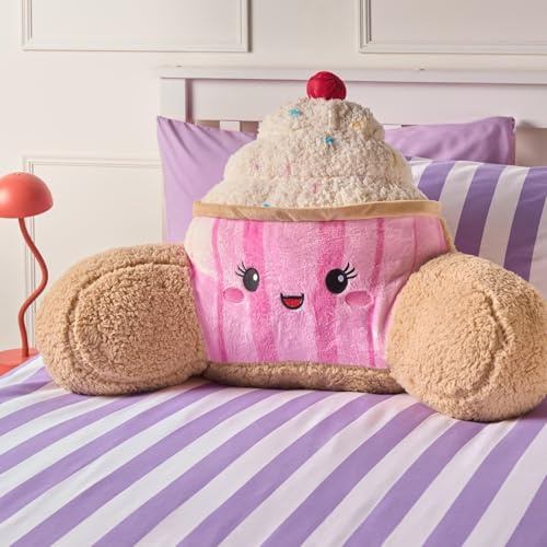 OHS Cupcake Character Cuddle Cushion, Comfy Reading Pillows Super Soft Teddy Fleece Support Pillow with Arms Bed Cushions Snuggle Hug Pillow Relaxing at Home, Brown/Pink
