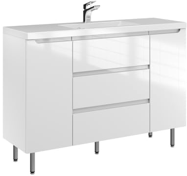 Furni ETH 120 cm D Badezimmer Waschtischunterschrank mit Waschbecken - Standschrank - Hochglanz Weiß - Modernes Design mit integrierten gefrästen Griffen - Keramik Waschbecken - vormontiert