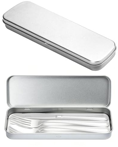 JEXOWIQ 2 Pcs Caja para Cubiertos, Metal Vajilla Portátil de Viaje Cubiertos de Viaje Caja de Almacenamiento Cubeta de Cubiertos para Acampar Trabajo Escuela Camping Cubiertos Viaje, 205x65x23mm