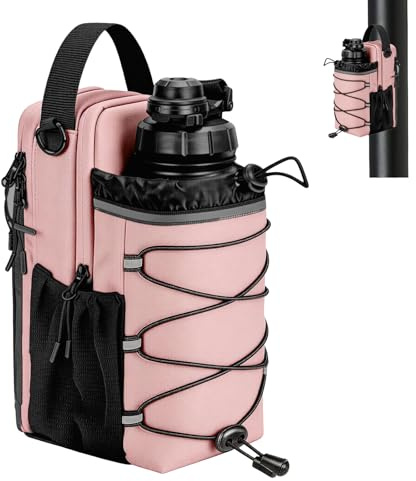 Magnetic Gym Bag Water Bottle Holder with Sling, Multi-Purpose Sport Bottle Organizer with 3 Magnet, Gym Accessories for Men and Women, Training Draw String Bag for Outdoor Basketball Bike (Pink)