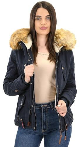 Navahoo Damen Winterjacke (XS-XXL) - 100% Baumwolle Obermaterial, Teddy Fleece innen, Kunstfell abnehmbar, Warme Jacke Frauen B643 (XS, Navy)
