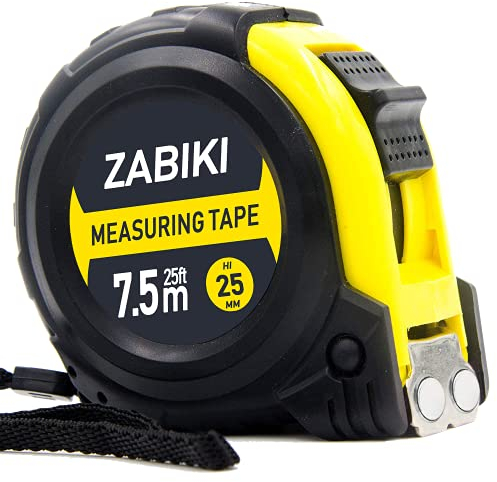 Zabiki Maßbandmaß, 7,5 m Dezimal-einziehbares doppelseitiges Lineal mit metrischem und Zoll, leicht zu lesen, für Vermesser, Ingenieure und Elektriker, mit magnetischer Spitze und Gummi-Schutzgehäuse