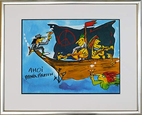 Kunstverlag Christoph Falk AHOI Panik Piraten - UDO Lindenberg Bild - handsignierte Auflage original Grafik im silberfarbenem Rahmen hinter Museumsglas. Likörell. Siebdruck.