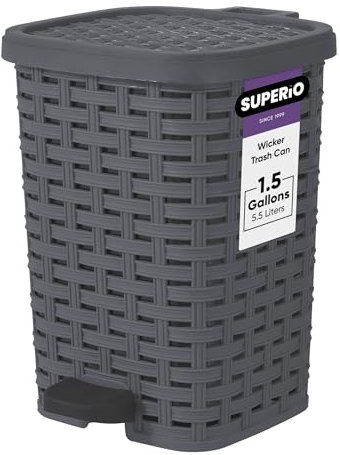 Superio Poubelle à pédale en osier avec pédale – Poubelle d'extérieur et d'intérieur grise de 6 l, panier à déchets pour salle de bain, cuisine, bureau, terrasse ou jardin