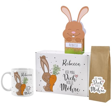 Herz & Heim® Ostergeschenk-Set mit Tasse, Tee und Schokolade - Personalisiert mit Wunschnamen Ich mag dich volle Möhre