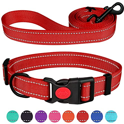 Reflektierendes Hundehalsband und Leine, Set mit Sicherheitsverriegelungsschnalle, Nylon, Haustier-Halsbänder, verstellbar, für kleine, mittelgroße und große Hunde, 4 Größen (Rot und S)