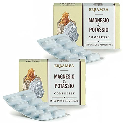 2x Erbamea - Integratore MAGNESIO e POTASSIO - 24 capsule - Funzione muscolare, stanchezza, equilibrio elettrolitico - Pacchetto da 2 confezione da 24 compr. + in OMAGGIO 2 Tisane Funzionali Viropa