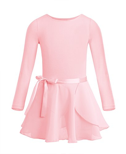 CHICTRY Kinder Mädchen Ballettkleid Langarm Ballett Trikot Rundhals Tanzbody Mit Chiffon Rock Tanzrock 2tlg Ballettkleidung Gr. 92-164 Perle Rosa 98-104
