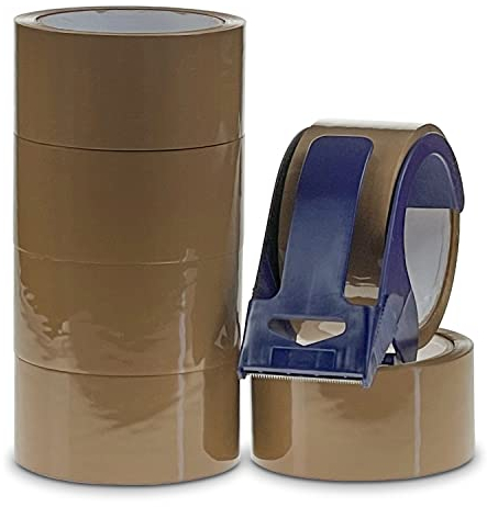 Brown Packing Tape 6 Roll Pack with Tape Dispenser | 6 Rolls 48mm x 50m Brown Parcel Tape | Packing Boxes for Moving House | Easily Seals Your Parcels