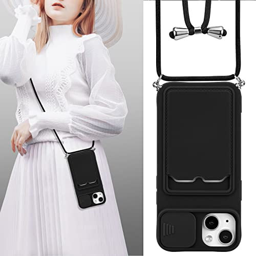 UEEBAI Crossbody Case for iPhone 13 6.1 inch with Camera Cover, Silicone Card Holder Phone Cover with Adjustable Necklace Strap Cord Lanyard Shockproof Protective Case - Black