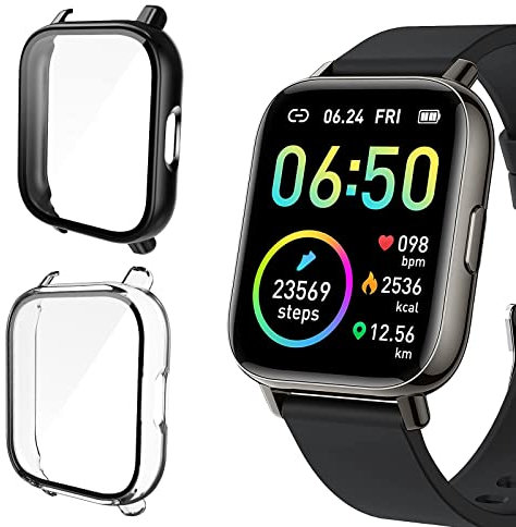 [2Pack] Polyjoy Hard PC Protective Case Compatible with Smartwatch P32 Glory Fit 1.69 inch Motast P32/ Nerunsa P32B/ Ordtop P32E1/Judneer P32H/ Togala P32D/Bowost P32D-F/Donerton P32, Black+Clear