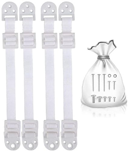 Strap Stop Heavy Duty Plastic TV Safety Straps (Pack of 4) — Made in UK Anti Tip TV & Furniture Straps — Hold Off 400 lbs Load, Essential Hardware Included & Fit Most Flat Screen TVs (White)