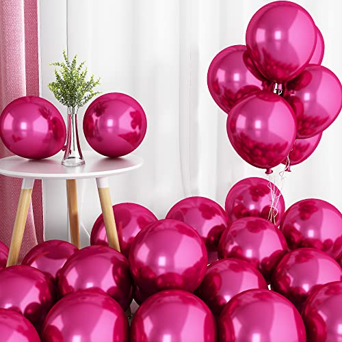 Globos metálicos de color rosa intenso, 50 globos de doble capa cromados de color rosa intenso de 10 pulgadas, globos de helio de látex rosa fucsia, brillantes y gruesos, para niñas, mujeres, boda