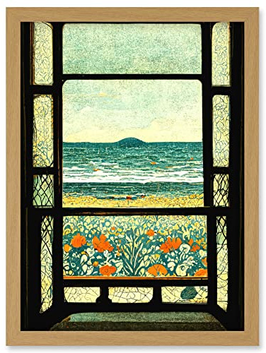 Doppelganger33 LTD A Sea View Seaside Beach Flowers William Morris Artwork Framed Wall Art Print A4