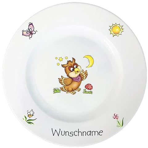 Doriantrade Speiseteller 27cm Kinderteller Teller Porzellan Eule personalisierbar mit Wunschname Name Kindergeschirr mit Namen personalisiert